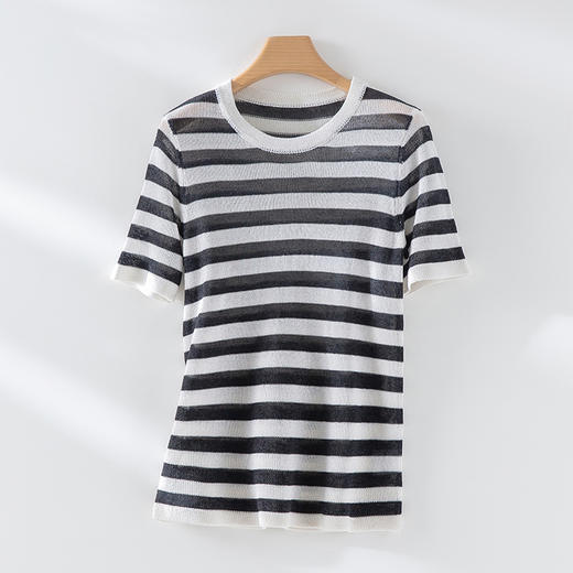 百媚生 天丝桑蚕丝拼色条纹T恤YS004 商品图7