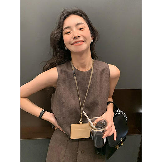 丁摩 高级感亚麻圆领无袖上衣女夏季新显瘦中长款a字裙两件套装5ZF-7492 商品图3