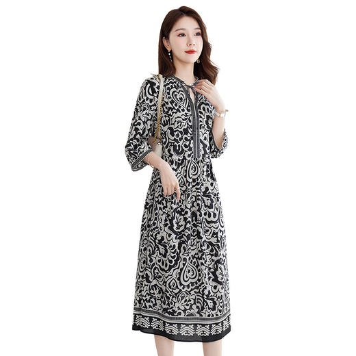 丁摩 夏季文艺真丝连衣裙女100%桑蚕丝双绉印花中长裙子5ZF-1073 商品图4