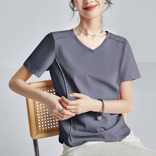 丁摩 液氨白色短袖正肩t恤女夏季丝光棉圆领打底衫体恤半袖5ZF-R6654 商品图5