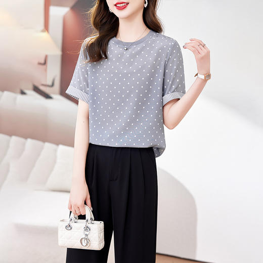 丁摩 真丝波点圆领设计感夏正肩短袖T恤9679 商品图1