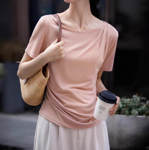 垂感轻薄顺滑亮丝醋酸，设计感抽褶显瘦短袖T恤SH- 22456 商品图3