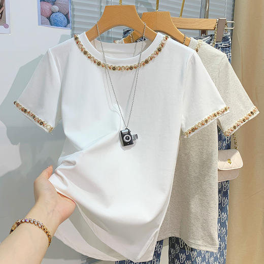 丁摩 重工串珠短袖T恤女夏韩版圆领休闲半袖设计感棉上衣5ZF-5263 商品图3