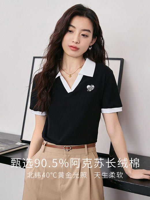 【专属特价】熙世界撞色休闲短袖POLO衫2025夏季新款时尚休闲学院风正肩T恤上衣 商品图1