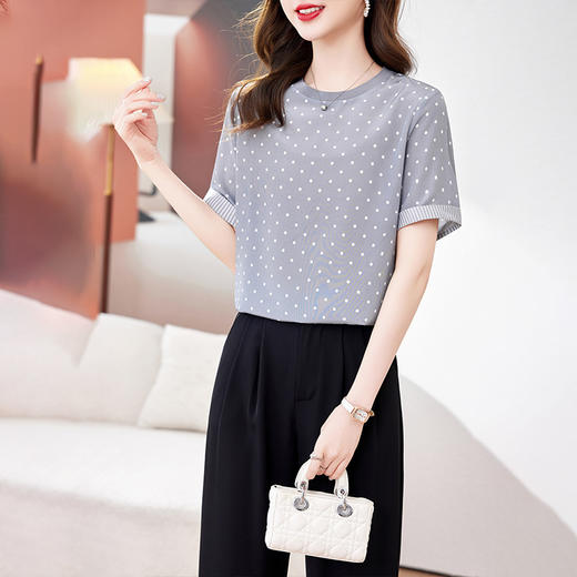 丁摩 真丝波点圆领设计感夏正肩短袖T恤9679 商品图2
