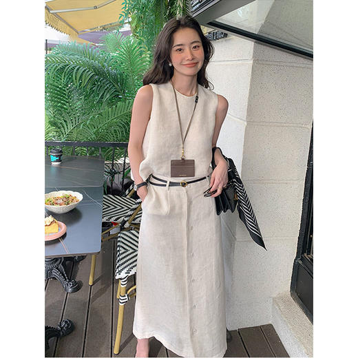 丁摩 高级感亚麻圆领无袖上衣女夏季新显瘦中长款a字裙两件套装5ZF-7492 商品图0