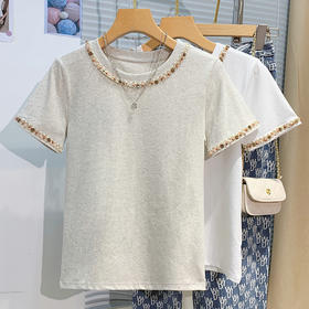 丁摩 重工串珠短袖T恤女夏韩版圆领休闲半袖设计感棉上衣5ZF-5263