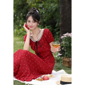 鹿向南「赤茶玫瑰」法式红色波点短袖连衣裙夏新款时尚收腰长裙女