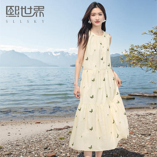 【专属特价】熙世界蝴蝶刺绣无袖连衣裙女夏2025新款优雅气质圆领a字背心长裙 商品图0
