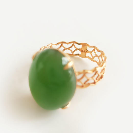 【天然正品】AU750玫瑰金镶天然菠菜绿无黑点蛋面和田玉碧玉戒指15号（戒圈可改）女士现售价：2780！280325AH51 商品图2