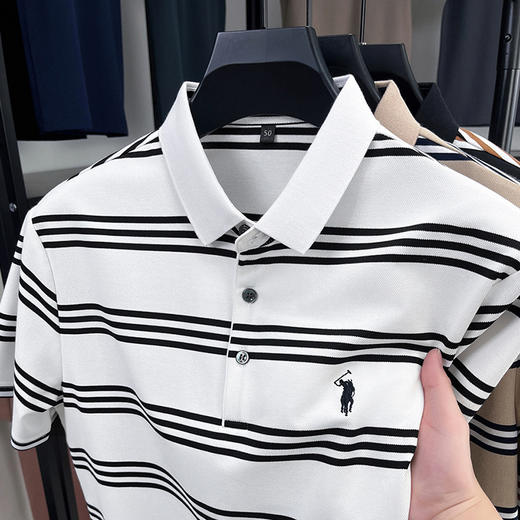 夏季条纹提花polo衫男色织条棉t恤男短袖 商品图2