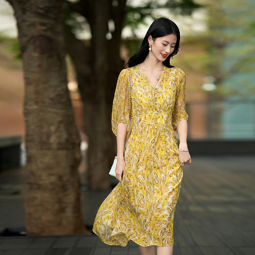 丁摩 真丝连衣裙中长裙春夏新品女装气质显瘦显高桑蚕丝裙5ZF-90482 商品图1