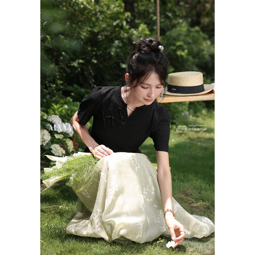 鹿向南「绿意雅致」森系印花绿色花苞半身裙女夏季小个子长款裙子L53609 商品图4