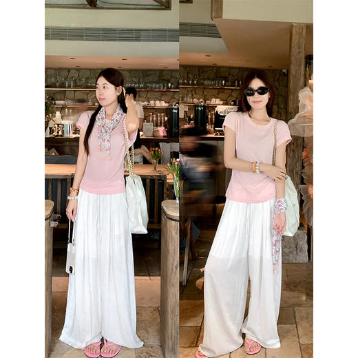 <曾小咸推荐>韩系甜美简约粉色短袖T恤配丝巾 商品图3