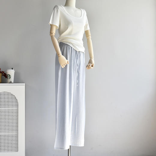 丁摩 【亚麻汽泡裤】白色阔腿裤女夏季高腰棉麻宽松直筒亚麻休闲裤5ZF-C375 商品图7