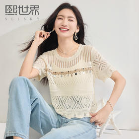 熙世界重工镂空提花针织衫女夏薄款2025新款休闲宽松短袖罩衫上衣