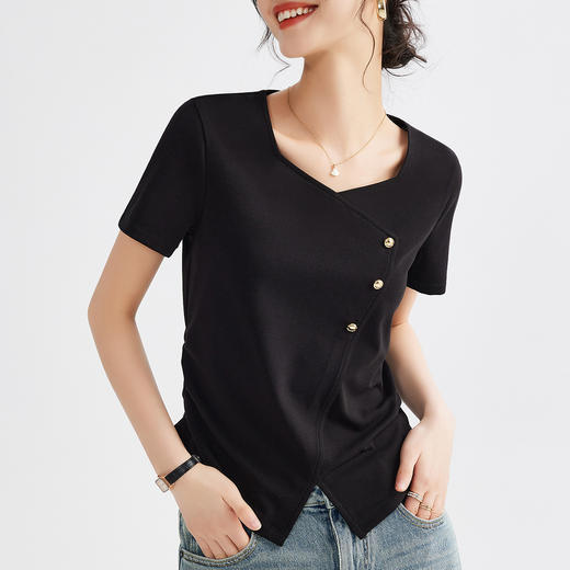 丁摩 正肩方领短袖t恤女夏季新款高端不规则半袖上衣修身显瘦体恤5ZF-M680 商品图7