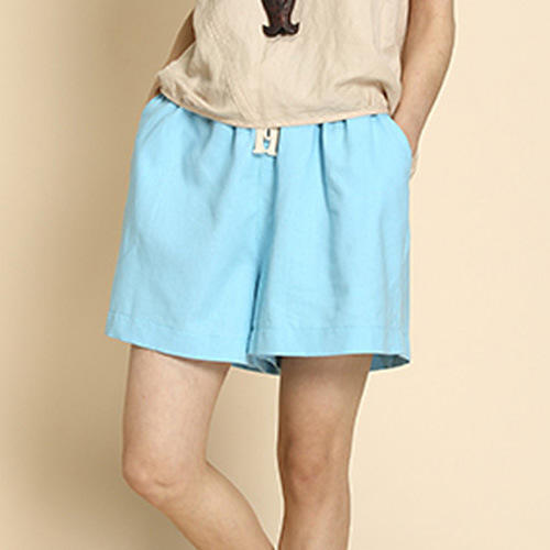 百媚生 【2条】】棉麻松紧腰女士三分短裤春夏阔腿亚麻短裤 商品图3