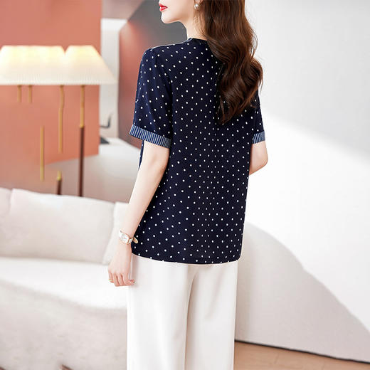 丁摩 真丝波点圆领设计感夏正肩短袖T恤9679 商品图3