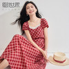 【专属特价】熙世界红色格子连衣裙女高级感夏新款法式收腰蕾丝方领飞飞袖裙子 商品缩略图0