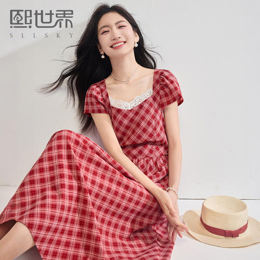 【专属特价】熙世界红色格子连衣裙女高级感夏新款法式收腰蕾丝方领飞飞袖裙子 商品图0