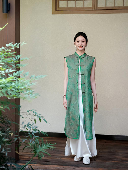 盛唐婧 |真丝宋锦金鱼纹对襟长马甲 商品图0