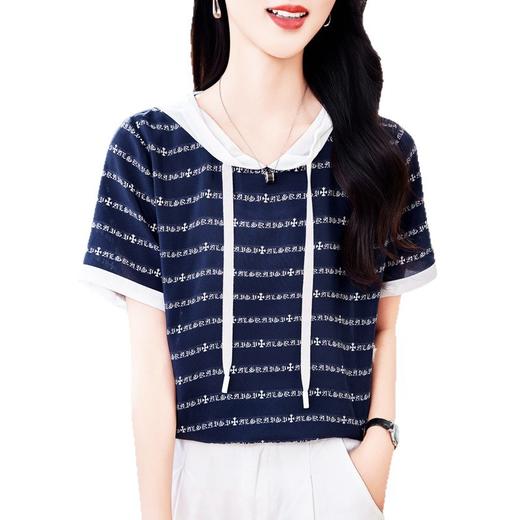 丁摩 真丝上衣女休闲连帽小衫桑蚕丝短袖T恤T0205 商品图4