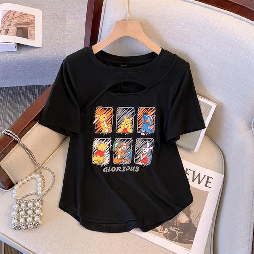 丁摩 大码女装夏季新款正肩短袖t恤女胖mm遮肉显瘦镂空设计感上衣5ZF-D18 商品图1