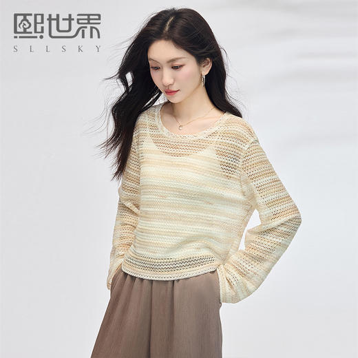 【专属特价】熙世界微透镂空针织罩衫女夏季薄款2025年新款防晒上衣圆领空调衫 商品图0