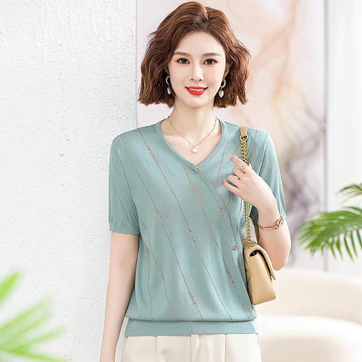 丁摩 洋气妈妈装夏装冰丝上衣宽松T恤小衫女士时尚薄款针织衫短袖5ZF-2392 商品图7