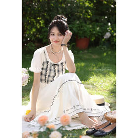 【65折秒杀】鹿向南「午后茶歇」法式格子假两件拼接短袖连衣裙女夏季高腰长裙L55857