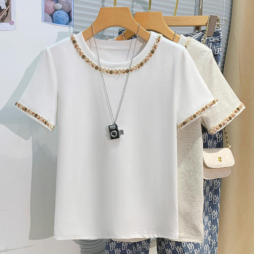 丁摩 重工串珠短袖T恤女夏韩版圆领休闲半袖设计感棉上衣5ZF-5263 商品图1