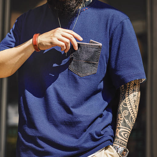 工装优选美式复古植物蓝染T恤日系重磅纯棉二本针口袋短袖男款夏 商品图0