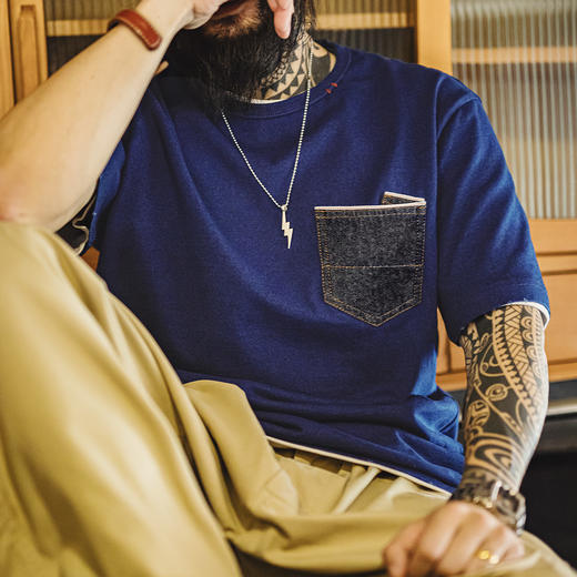 工装优选美式复古植物蓝染T恤日系重磅纯棉二本针口袋短袖男款夏 商品图4