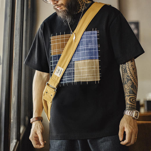 工装优选 日系复古撞色拼布短袖T恤纯棉透气设计感半袖Tee男夏 商品图3