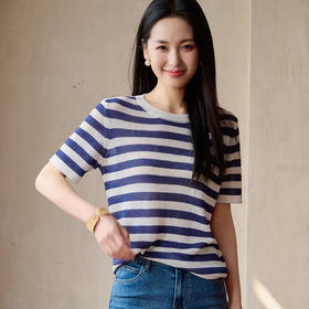 百媚生 天丝桑蚕丝拼色条纹T恤YS004