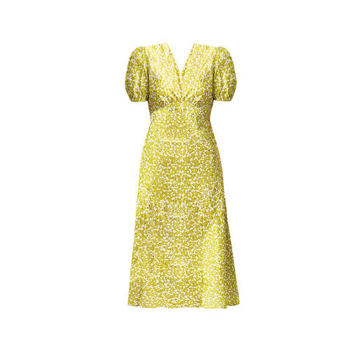 丁摩 连衣裙夏季女严选棉盐缩褶皱肌理小碎花高腰V领显瘦中长裙5ZF-13930 商品图4