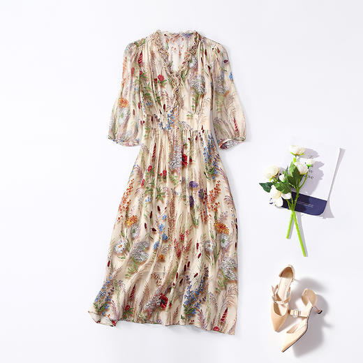 丁摩 春夏女装新款立体印花植物印花100%桑蚕丝收腰气质连衣裙5ZF-90494 商品图4