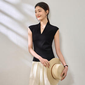 百媚生 棉质气质v领无袖t恤女16851