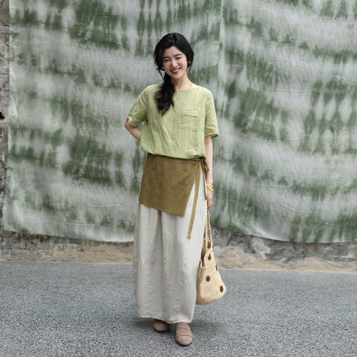 绽放旅行女装309朵/【甜茶系列】茶T亚麻短袖梭织口袋T恤衫女夏季 商品图1