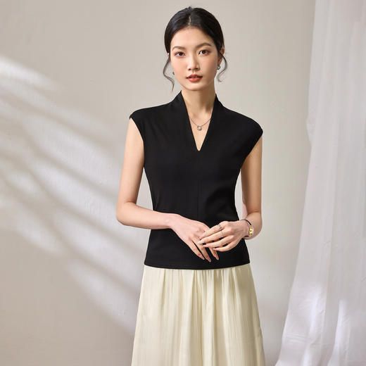 百媚生 棉质气质v领无袖t恤女16851 商品图5