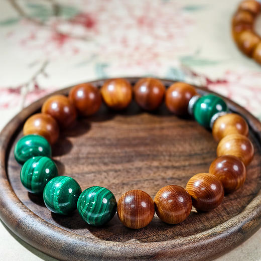 易祈吉祥五行补木系列崖柏手链孔雀石饰品送礼老银手串礼物 商品图1