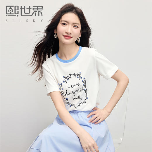 【专属特价】熙世界花卉刺绣正肩T恤女短袖2025夏日新款撞色圆领chic别致上衣 商品图0