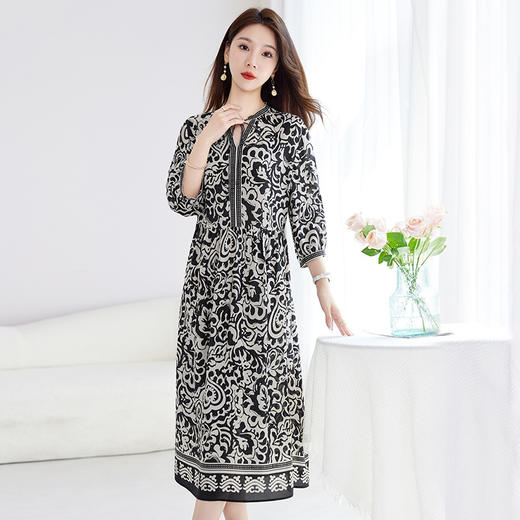 丁摩 夏季文艺真丝连衣裙女100%桑蚕丝双绉印花中长裙子5ZF-1073 商品图1