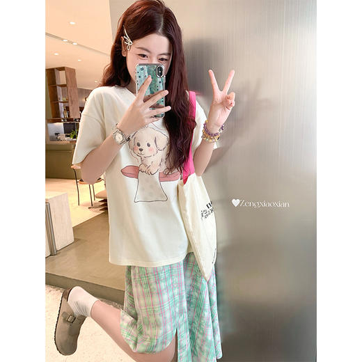 <曾小咸推荐>印花短袖T恤不规则格子半身裙 商品图1