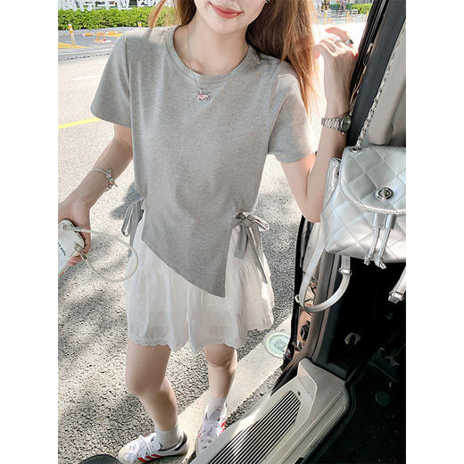 <曾小咸推荐>甜辣不规则下摆绑带圆领短袖T恤 商品图2