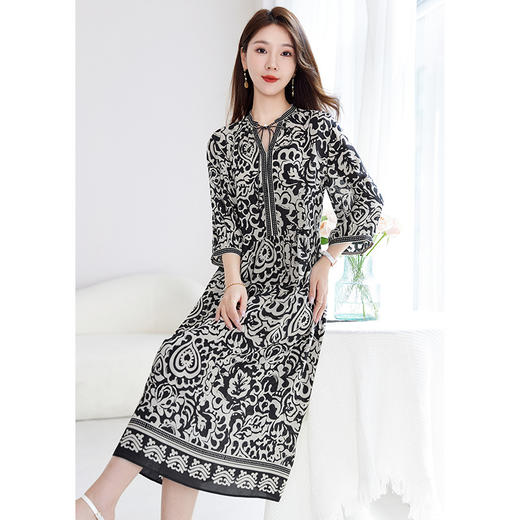 丁摩 夏季文艺真丝连衣裙女100%桑蚕丝双绉印花中长裙子5ZF-1073 商品图5