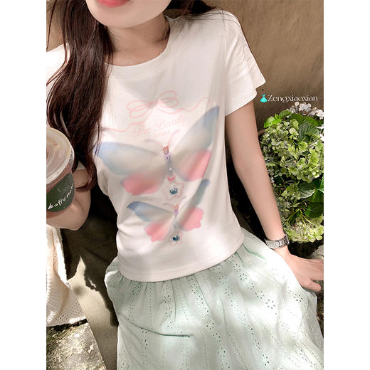 【110元任选2件】最后一波现货！彩色蝴蝶印花修身短袖 商品图1