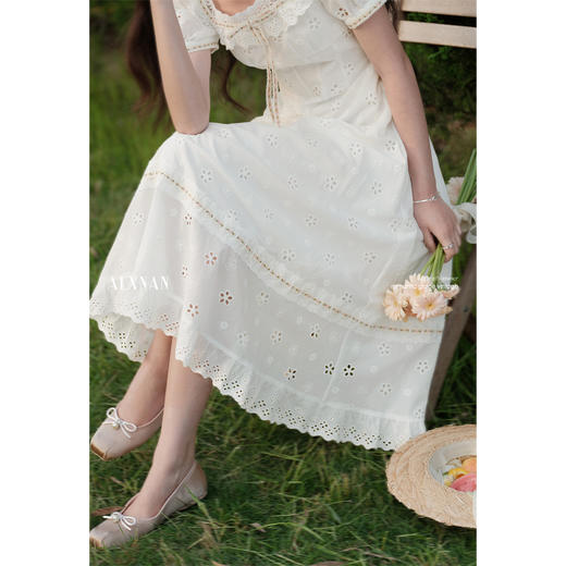 鹿向南「白夏清欢」米杏色蕾丝方领短袖连衣裙夏季新款时尚长裙女L55807 商品图2