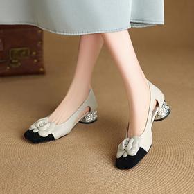 【预售5天】时尚法式单鞋，花朵小香风方头中跟粗跟凉鞋NJMK&K1617